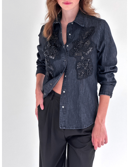 Camicia in jeans di cotone con ricamo perline