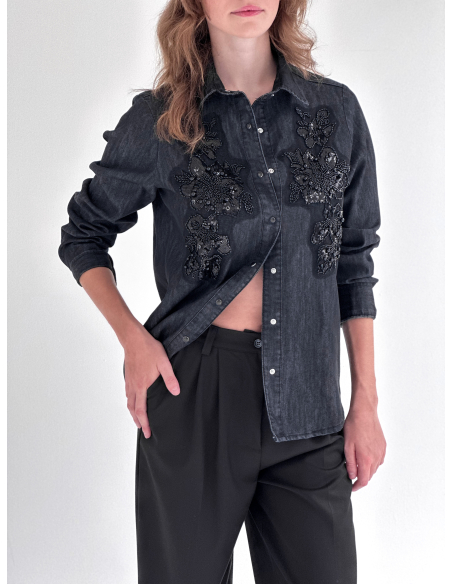 Camicia in jeans di cotone con ricamo perline