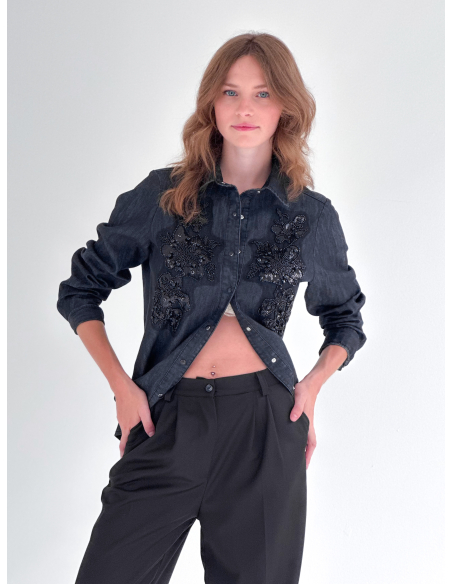 Denim cotton shirt with beaded embroidery