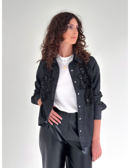 Camicia in jeans di cotone con ricamo perline