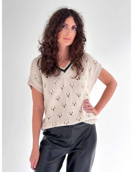 Oversized openwork wool & viscose blend college stylevest