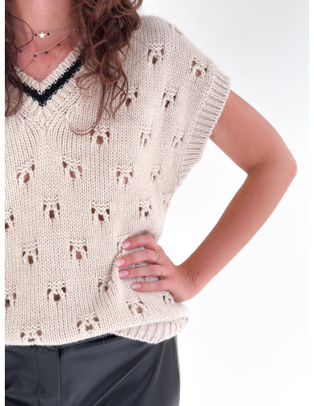 Oversized openwork wool & viscose blend college stylevest