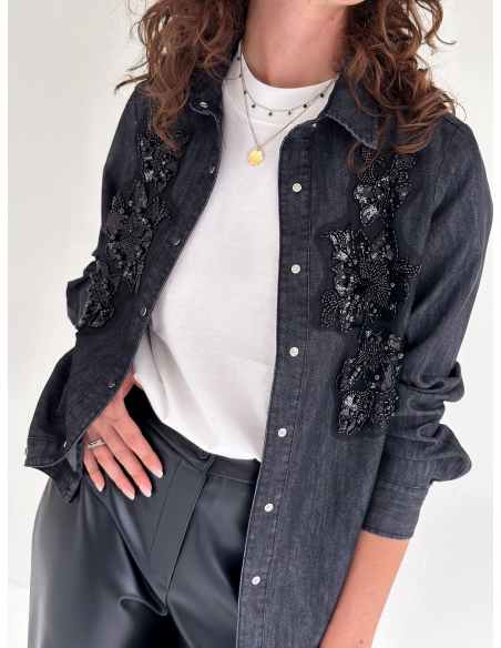 Denim cotton shirt with beaded embroidery