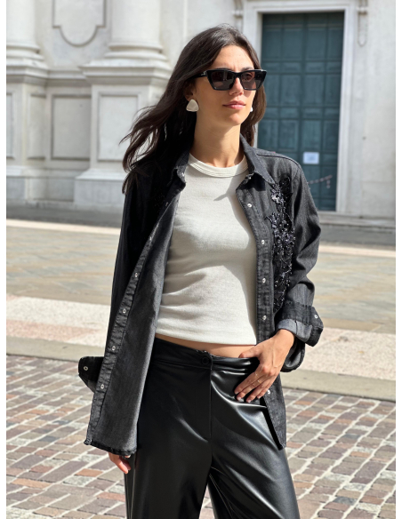 Camicia in jeans di cotone con ricamo perline