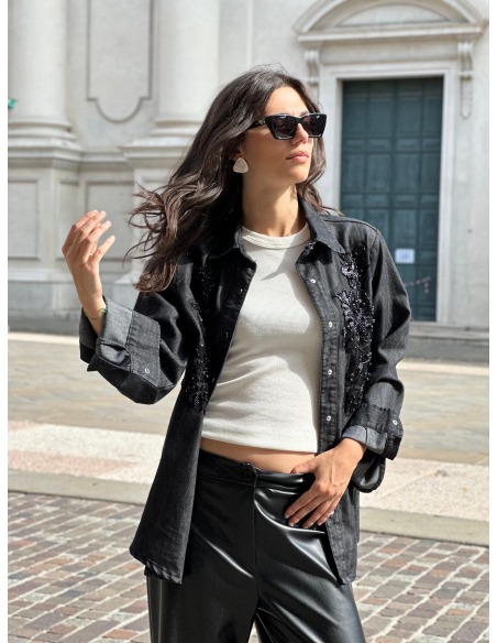 Camicia in jeans di cotone con ricamo perline