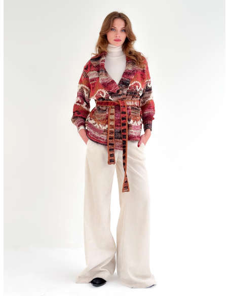 Ethnic Jacquard Cardigan with Belt