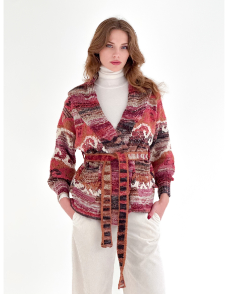 Ethnic Jacquard Cardigan with Belt