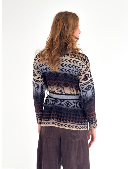 Ethnic Jacquard Cardigan with Belt