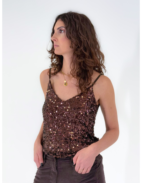 Top Brown in paillettes con spallina regolabile