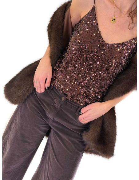 Top Brown in paillettes con spallina regolabile