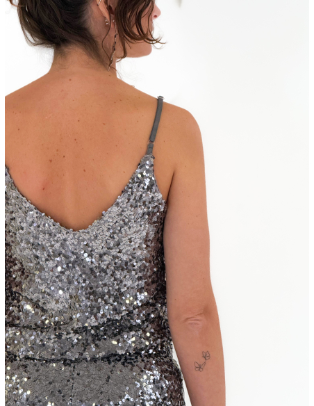 Top Grey in paillettes con spallina regolabile