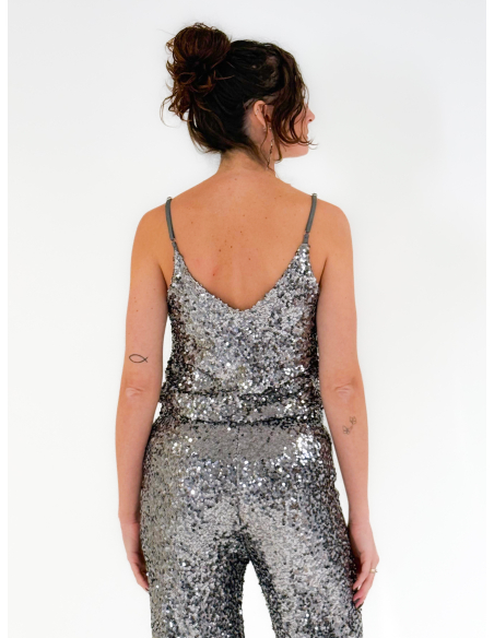Top Grey in paillettes con spallina regolabile