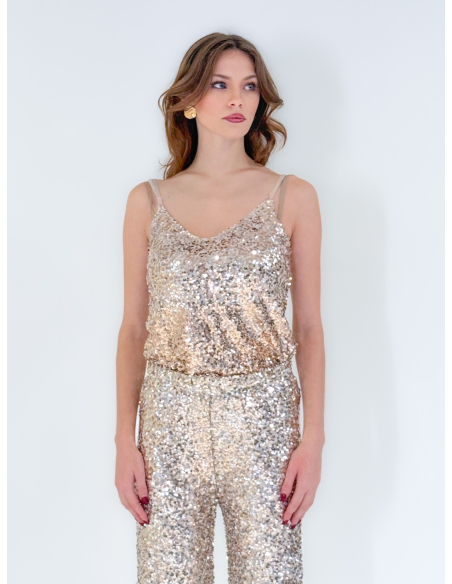 Top Champagne in paillettes con spallina regolabile