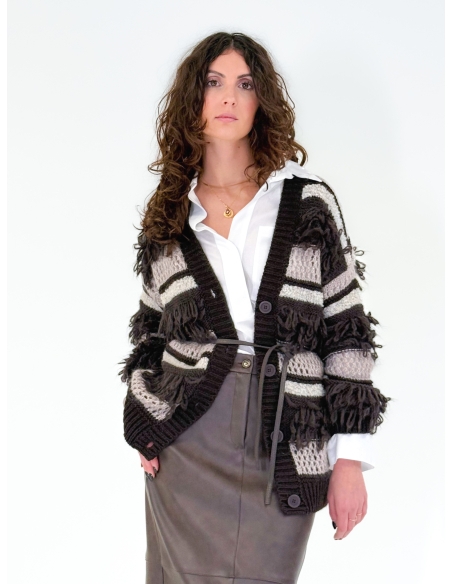 Jacquard cardigan with fringes and lurex thread