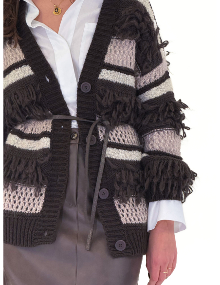 Jacquard cardigan with fringes and lurex thread
