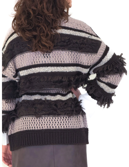 Cardigan Jacquard con frange e filo lurex