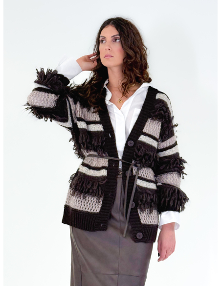 Cardigan Jacquard con frange e filo lurex