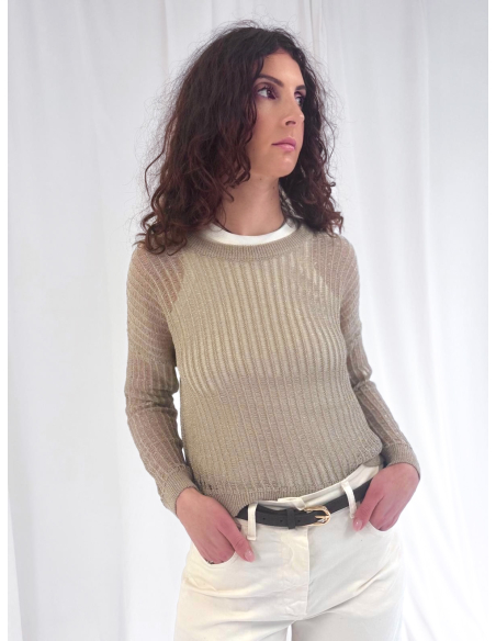 Perforated crew neck sweater with lurex thread