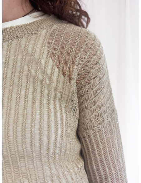 Perforated crew neck sweater with lurex thread