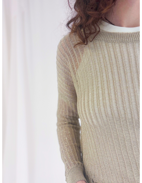 Perforated crew neck sweater with lurex thread