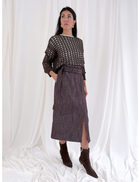 Openwork sweater with lurex thread and fringes