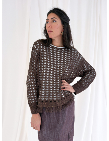Maglia traforata con filo lurex e frange