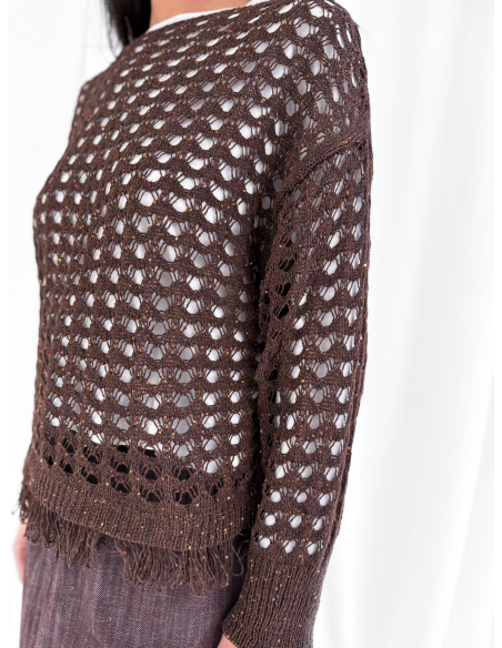 Openwork sweater with lurex thread and fringes
