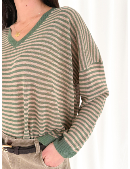 Maglia scollo V a righe in misto viscosa
