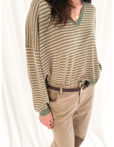 Striped V-neck sweater in viscose blend