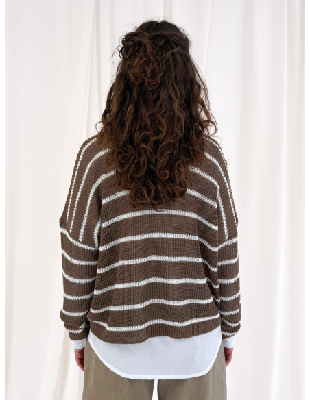 Maglia girocollo a righe in misto viscosa e lino