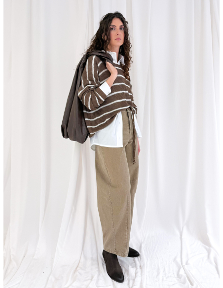 Maglia girocollo a righe in misto viscosa e lino