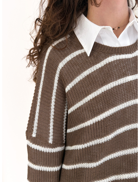 Striped crew neck sweater in viscose and linen blend
