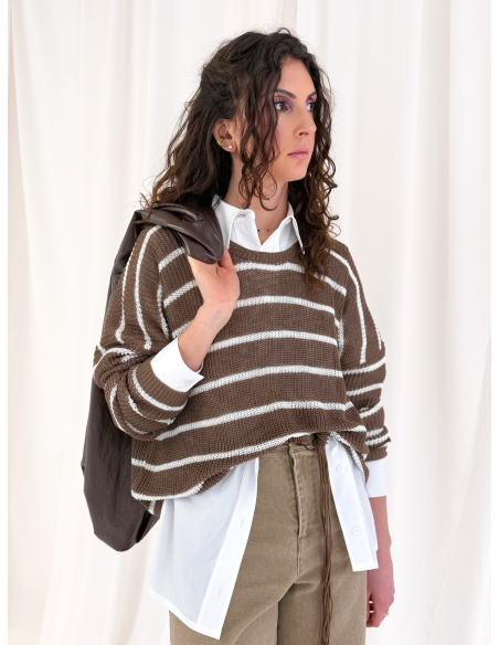Striped crew neck sweater in viscose and linen blend