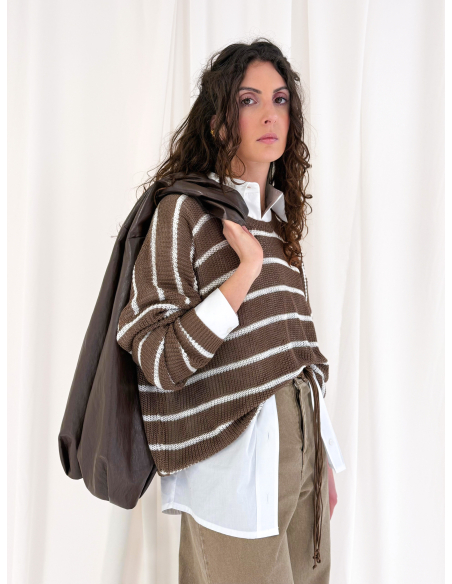 Striped crew neck sweater in viscose and linen blend