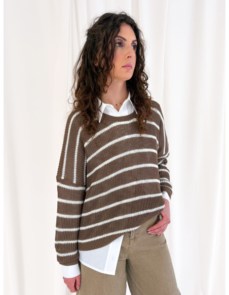 Maglia girocollo a righe in misto viscosa e lino