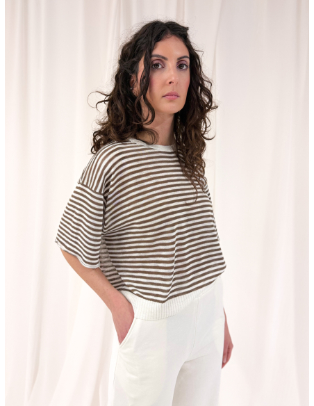 Crew neck sweater with half sleeves and striped viscose blend