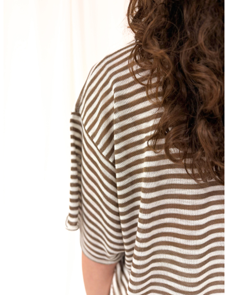 Maglia girocollo mezza manica a righe in misto viscosa