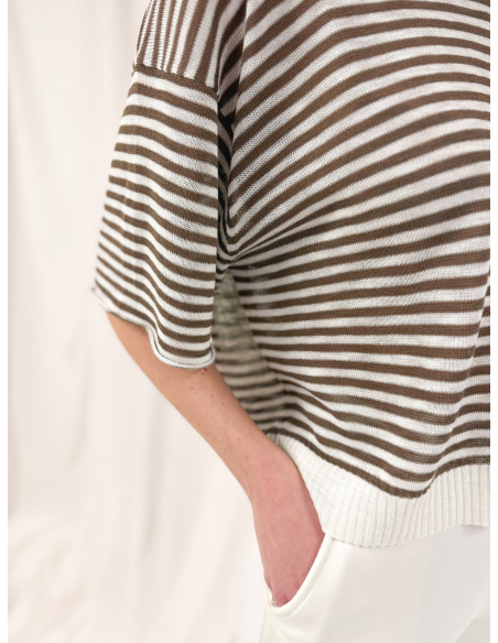 Maglia girocollo mezza manica a righe in misto viscosa