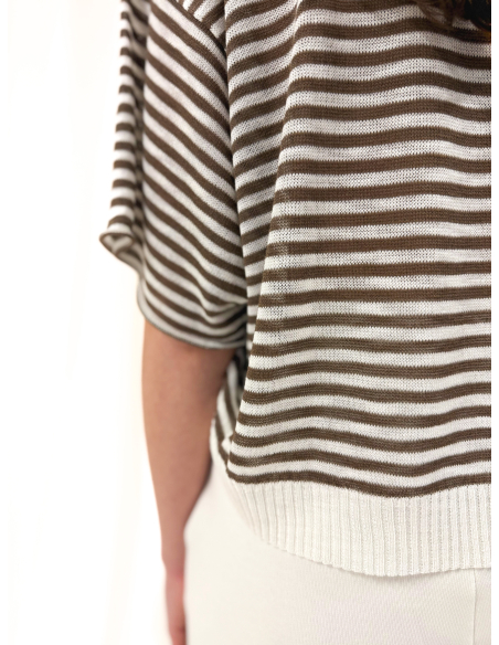 Crew neck sweater with half sleeves and striped viscose blend