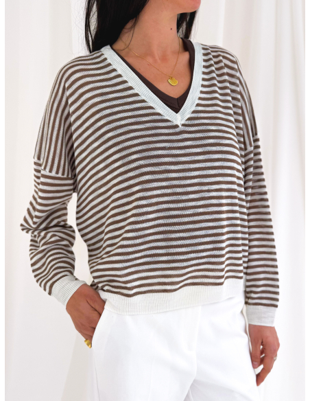 Striped V-neck sweater in viscose blend