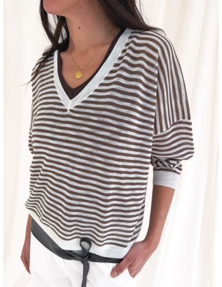 Maglia scollo V a righe in misto viscosa