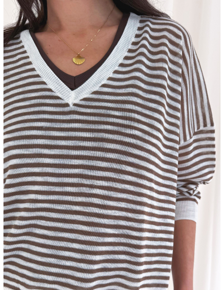 Maglia scollo V a righe in misto viscosa