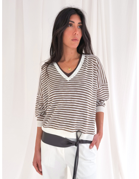 Striped V-neck sweater in viscose blend