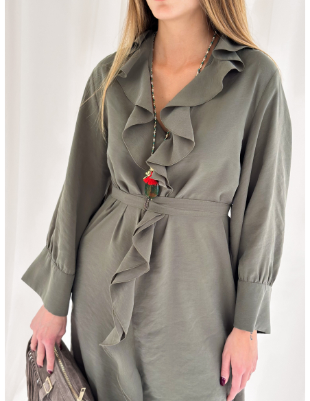 Maxi dress with roujes and wide sleeves