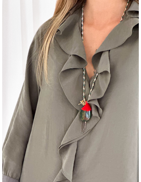 Maxi dress with roujes and wide sleeves