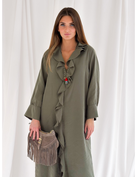 Maxi dress with roujes and wide sleeves