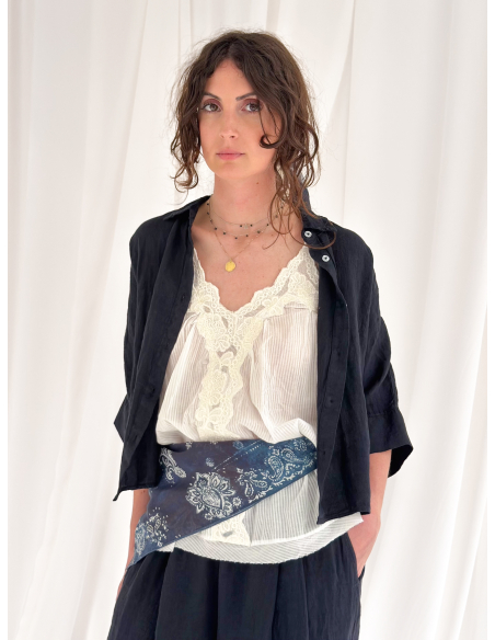 Half-sleeved crop shirt in pure linen