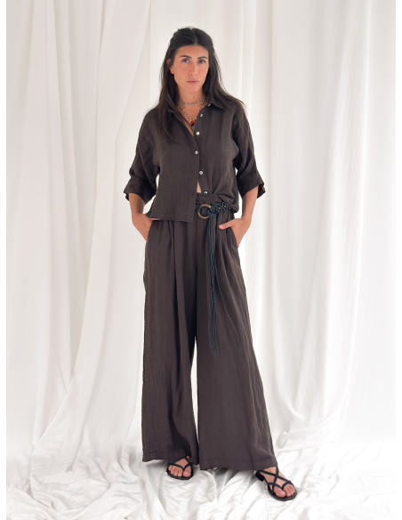 Pantalone fluido in puro lino con pinces