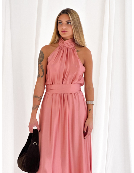 Long halterneck viscose satin dress