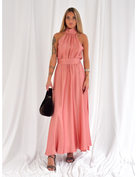 Long halterneck viscose satin dress